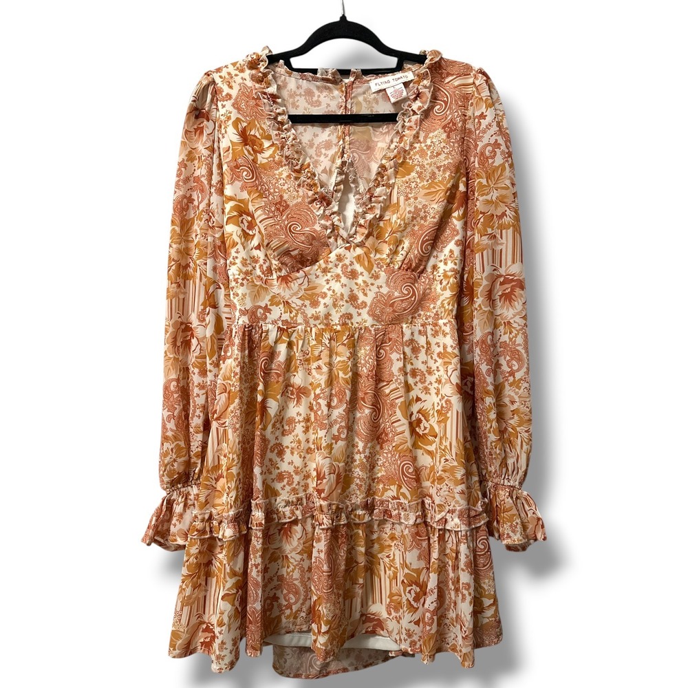 Flying Tomato Paisley Floral Open Back Long Sleeve Ruffle Mini Dress Orange L